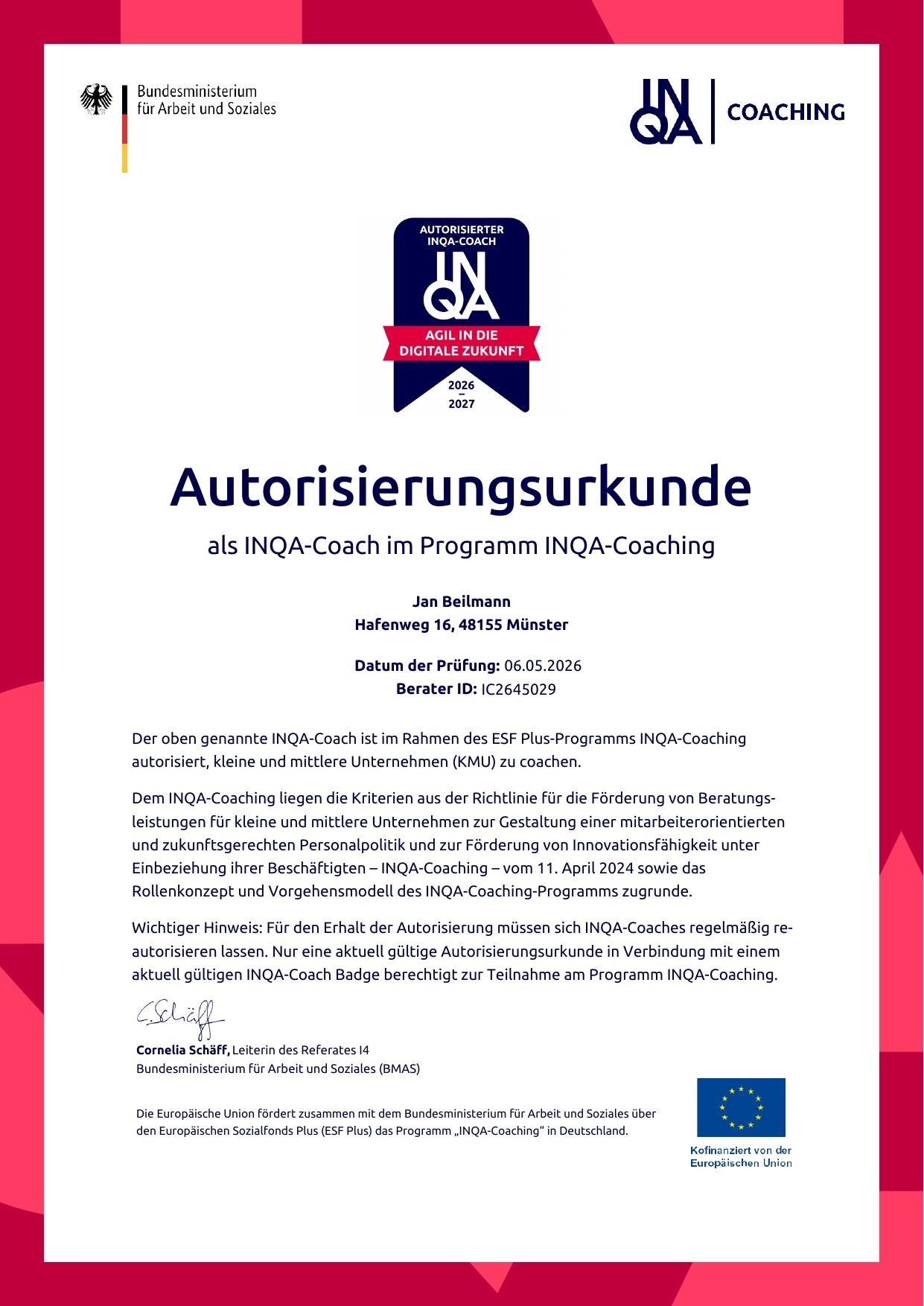 Autorisierungsurkunde INQA-Coach von Jan Beilmann, Programm INQA-Coaching (BMAS / ESF Plus), Berater-ID IC2645029