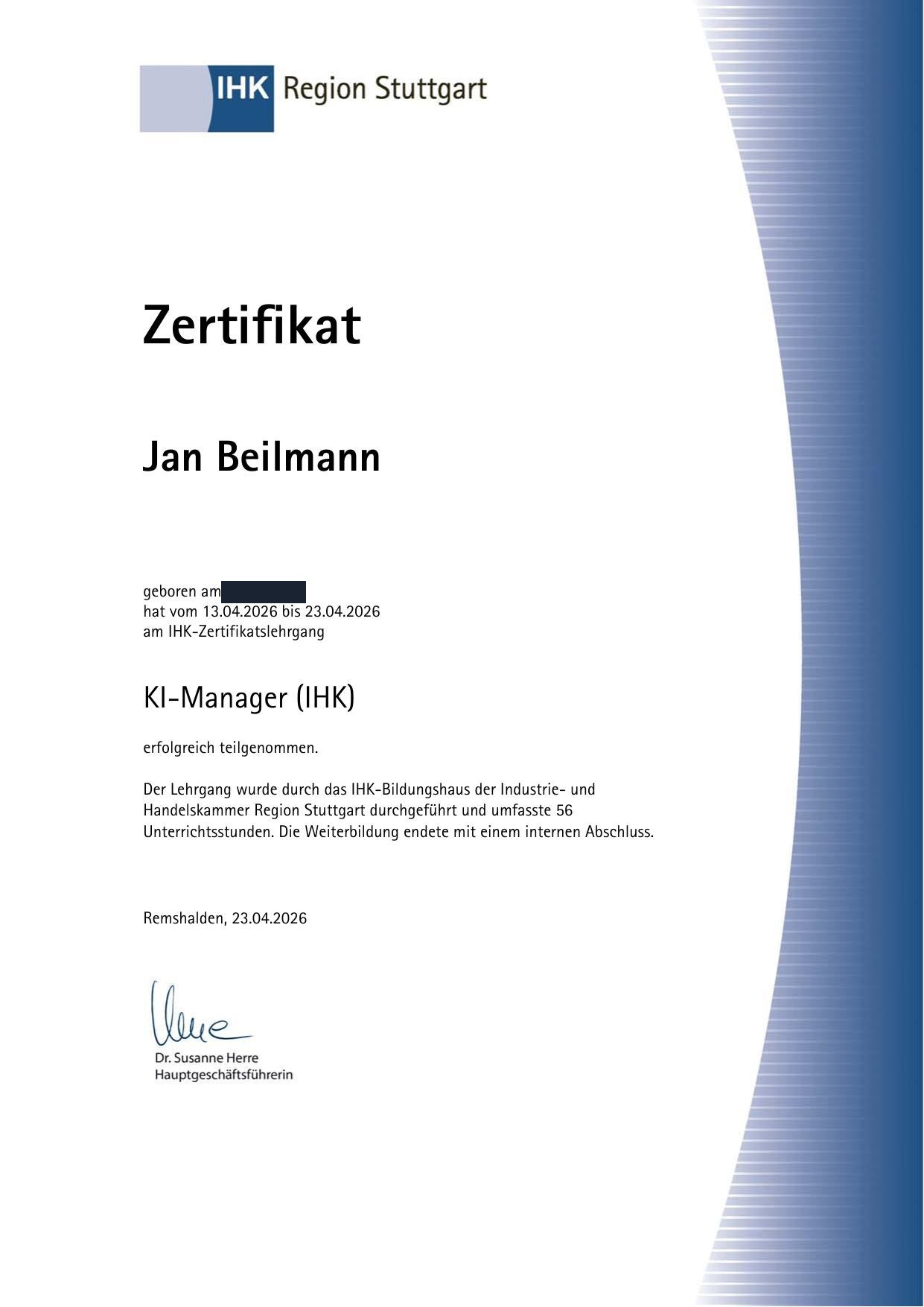 Zertifikat KI-Manager (IHK) von Jan Beilmann, ausgestellt vom IHK-Bildungshaus der IHK Region Stuttgart